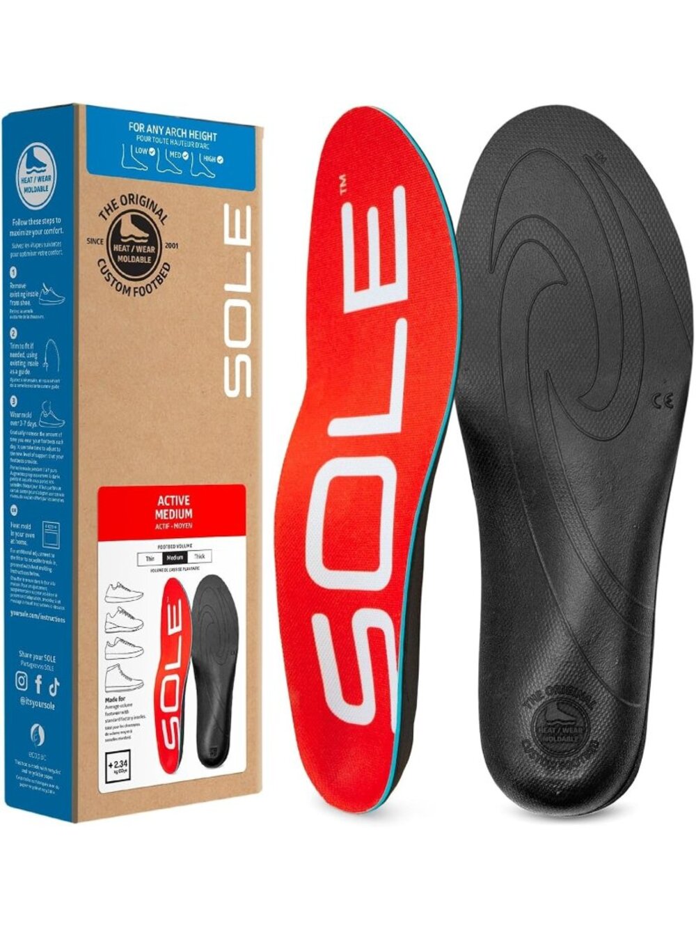 SOLE Active Medium Insoles - Custom Moldable Orthotic Support Men 7 / Women's 9
